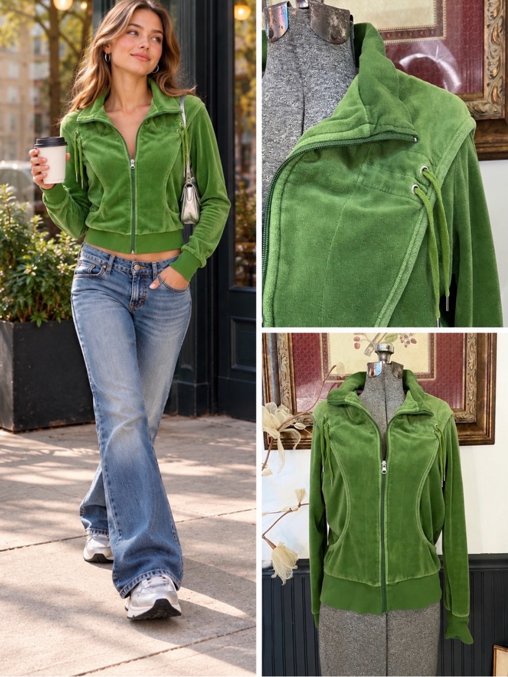 Sarah Johnson Y2K Green Cropped Velour Zip Hoodie Lace-Up Shoulder L 🧡🎀